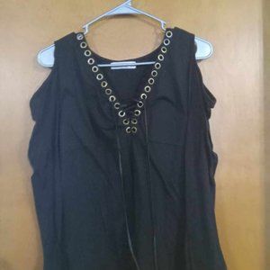 Black cold shoulder long sleeve blouse with grommeted v-neck